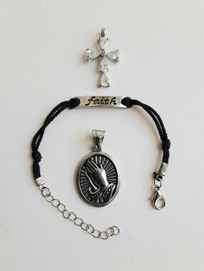 CZ Cross, Faith Bracelet and Praying Hands Pendant Set - Black and Silver